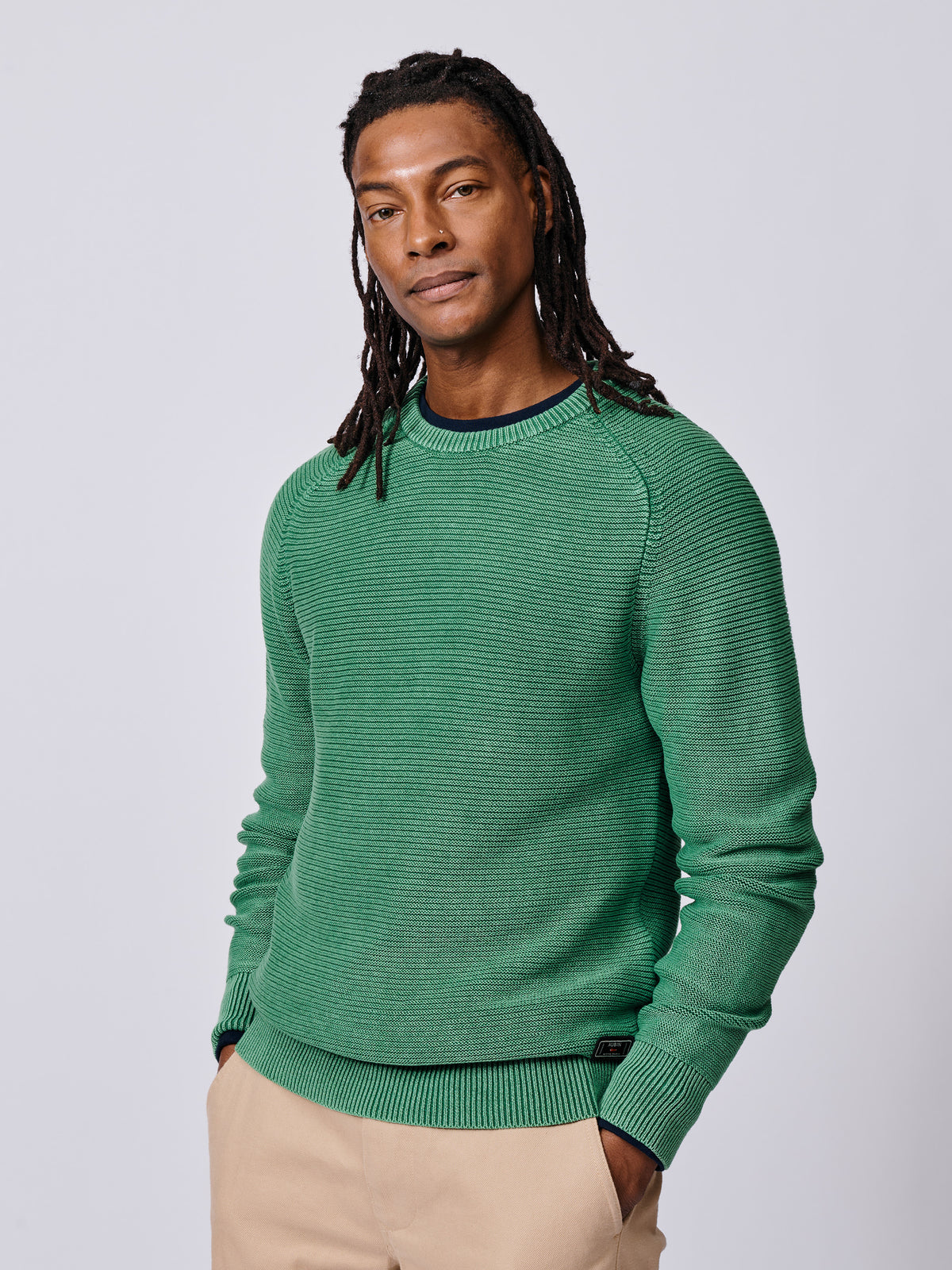 Aubin Green Saxilby Cotton Tuck Stitch Crew | Crew Neck