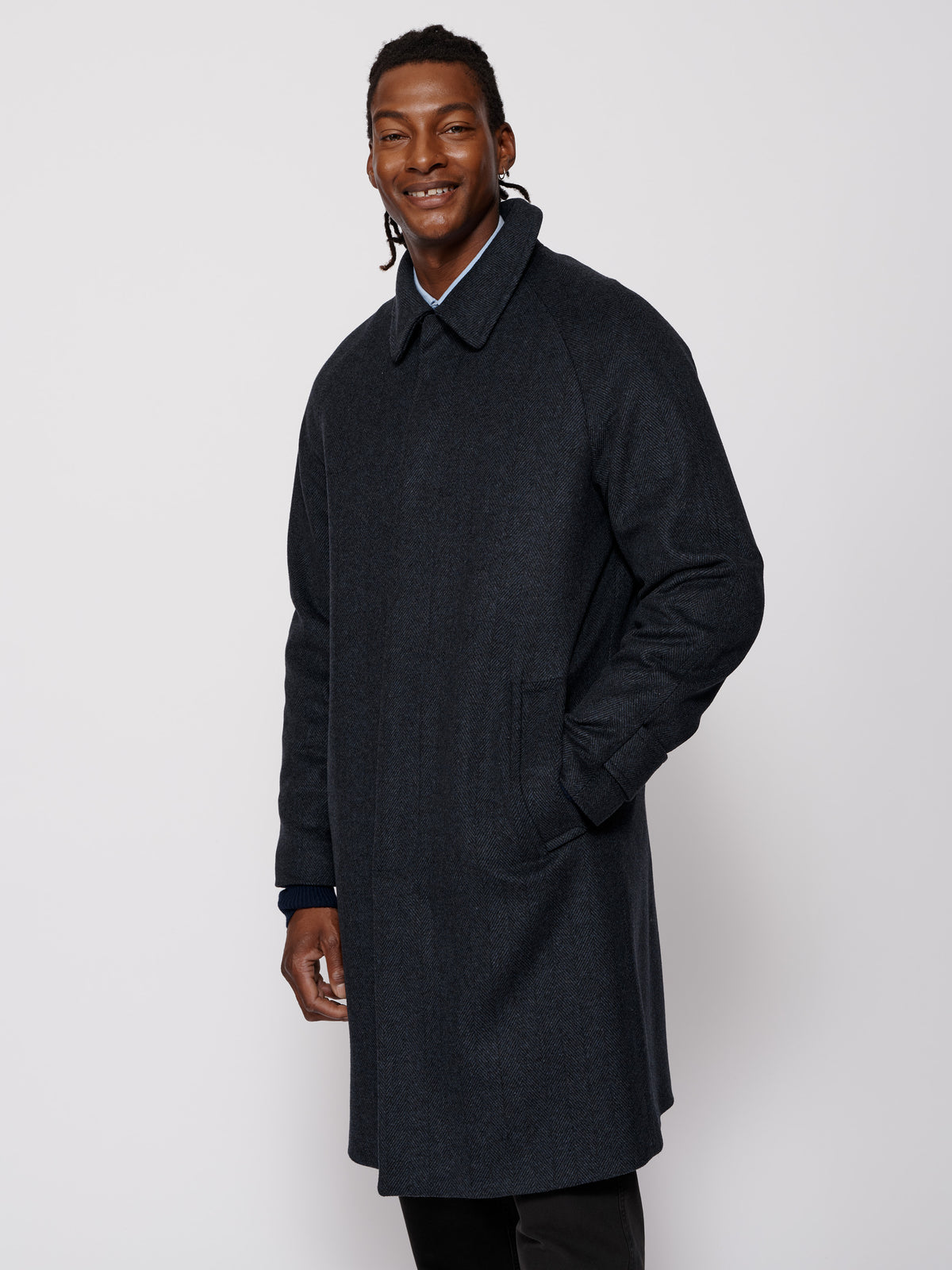 Aubin Navy Herringbone Turville Wool Overcoat | Overcoat