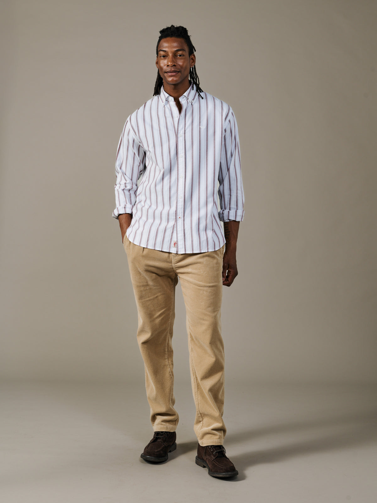 Aubin Oxblood Shadow Stripe Walesby Lightweight Relaxed Oxford Shirt | Oxford Shirt
