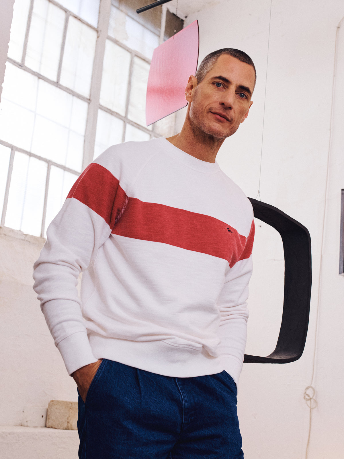 Aubin Red Stripe Garsdale Slub Crew | Crew Neck