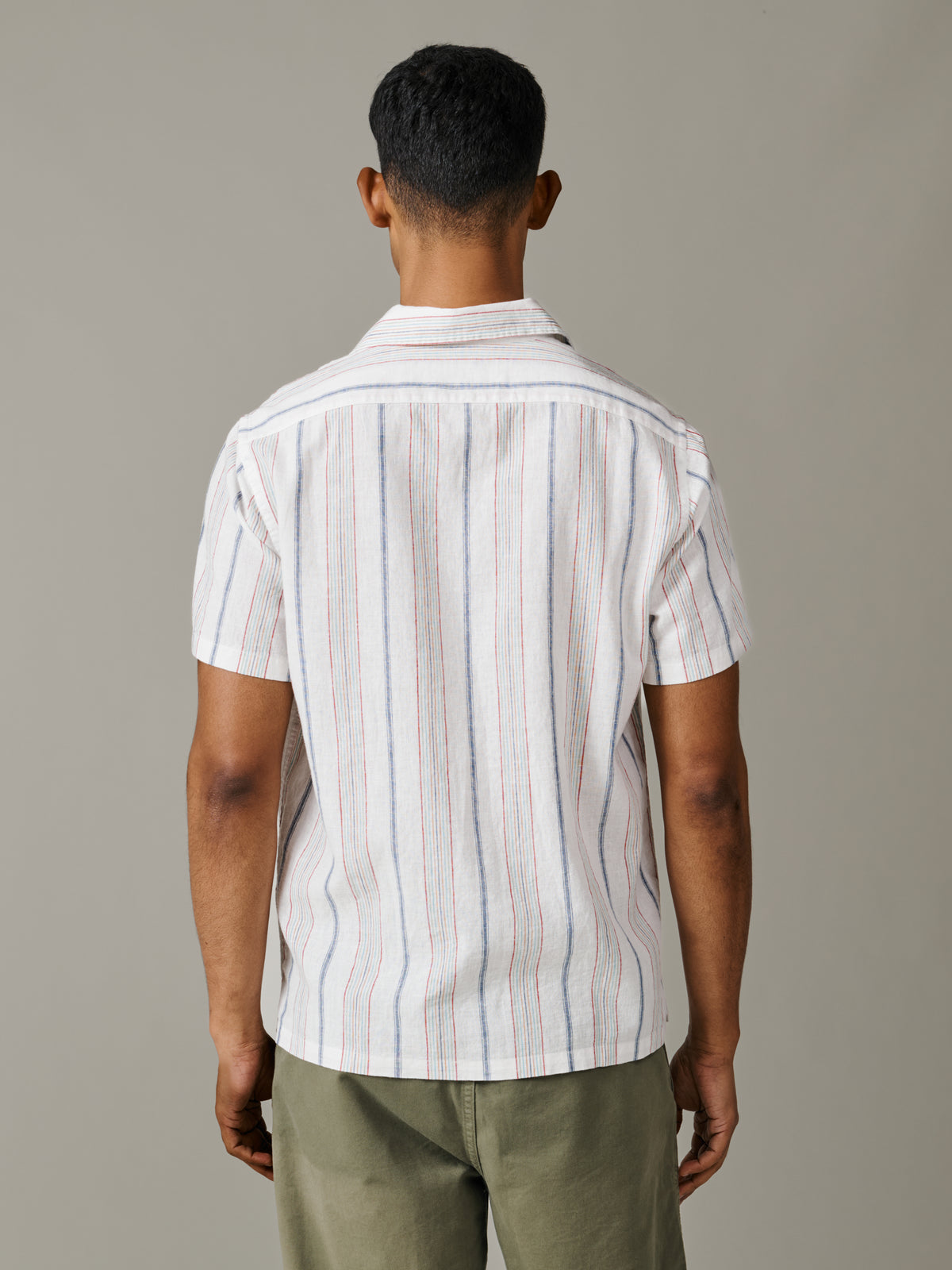 Aubin White Mix Stripe Abbey Cuban Collar Short Sleeved Shirt | Short Sleeve Shirt