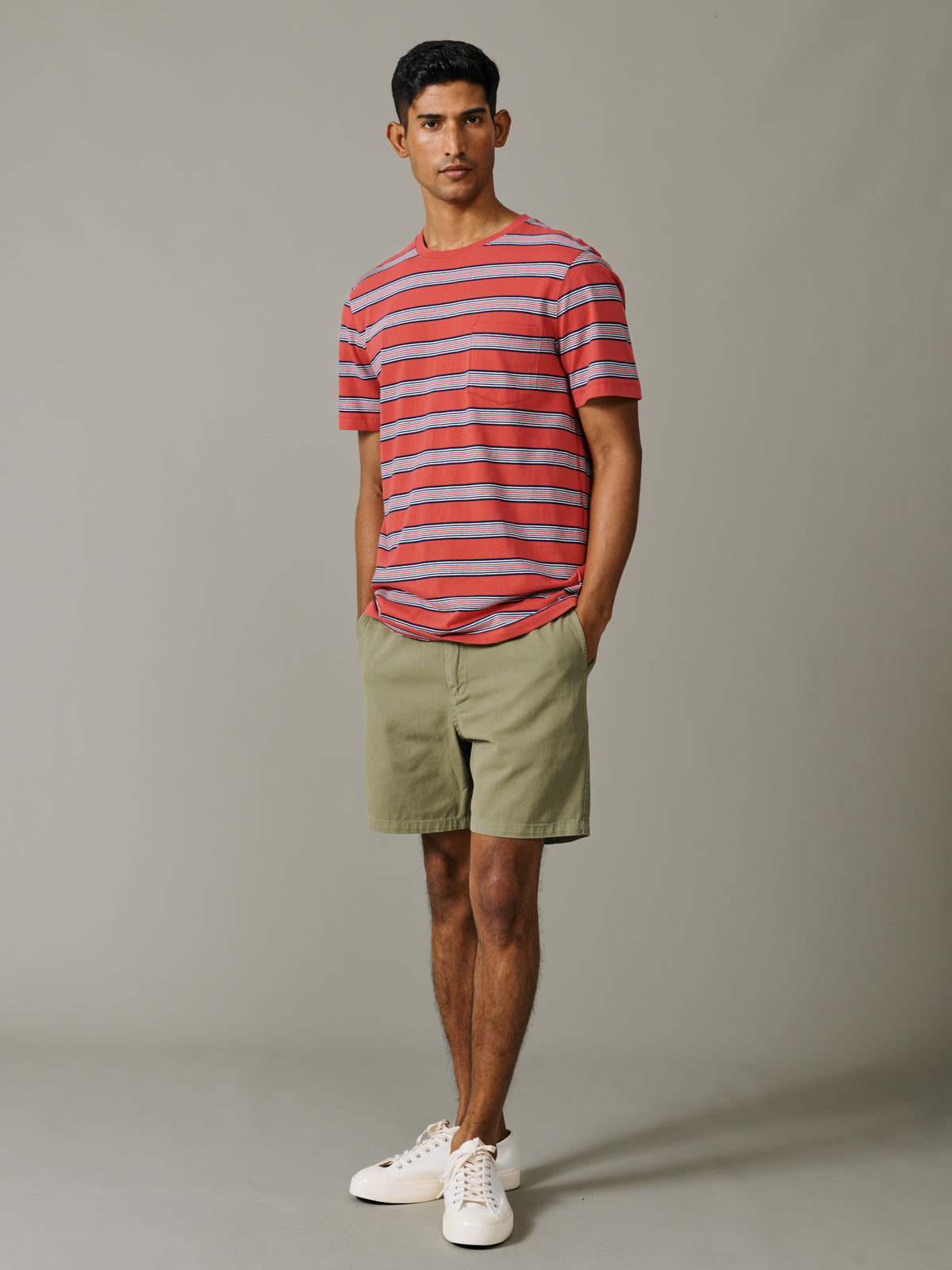 Aubin Coral Stripe Barnes Striped Pocket T-Shirt | Relaxed Tee