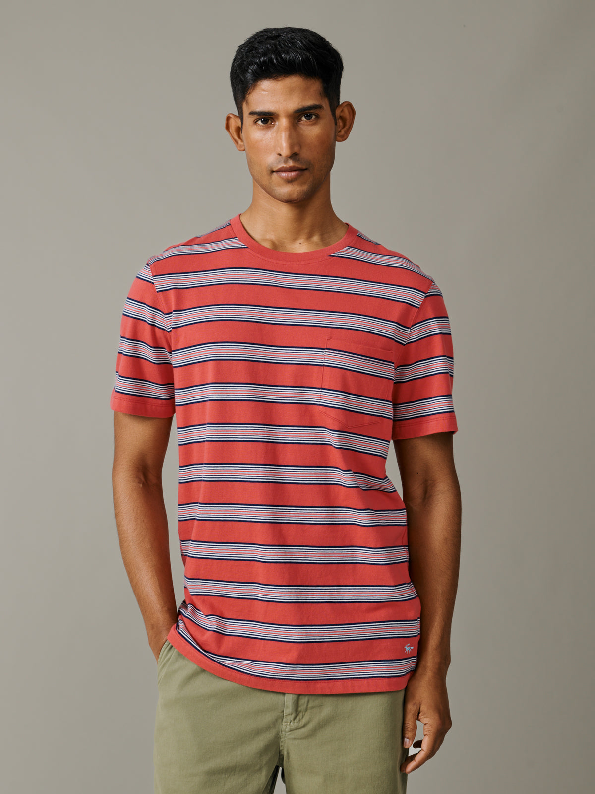 Aubin Coral Stripe Barnes Striped Pocket T-Shirt | Relaxed Tee