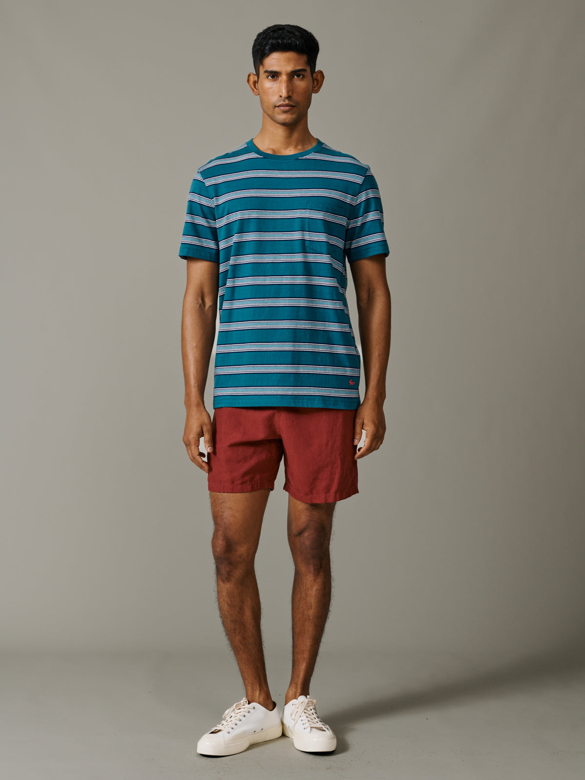 Aubin Teal Stripe Barnes Striped Pocket T-Shirt | Relaxed Tee