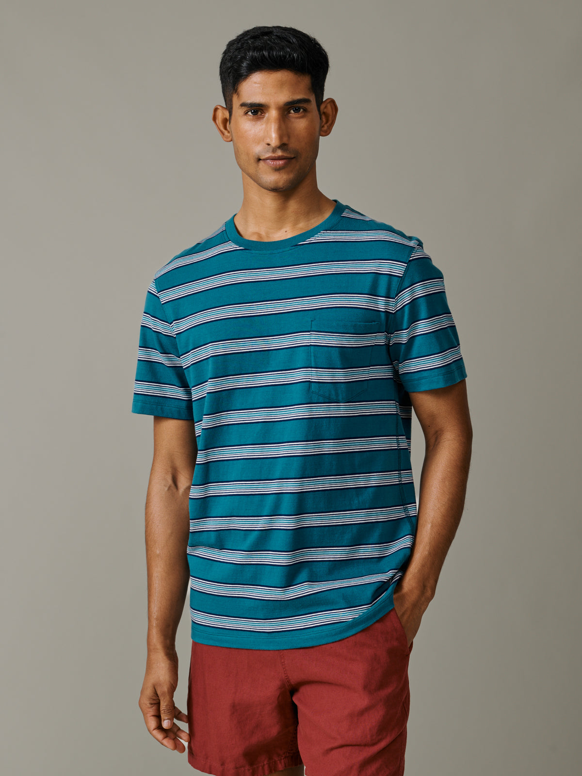 Aubin Teal Stripe Barnes Striped Pocket T-Shirt | Relaxed Tee