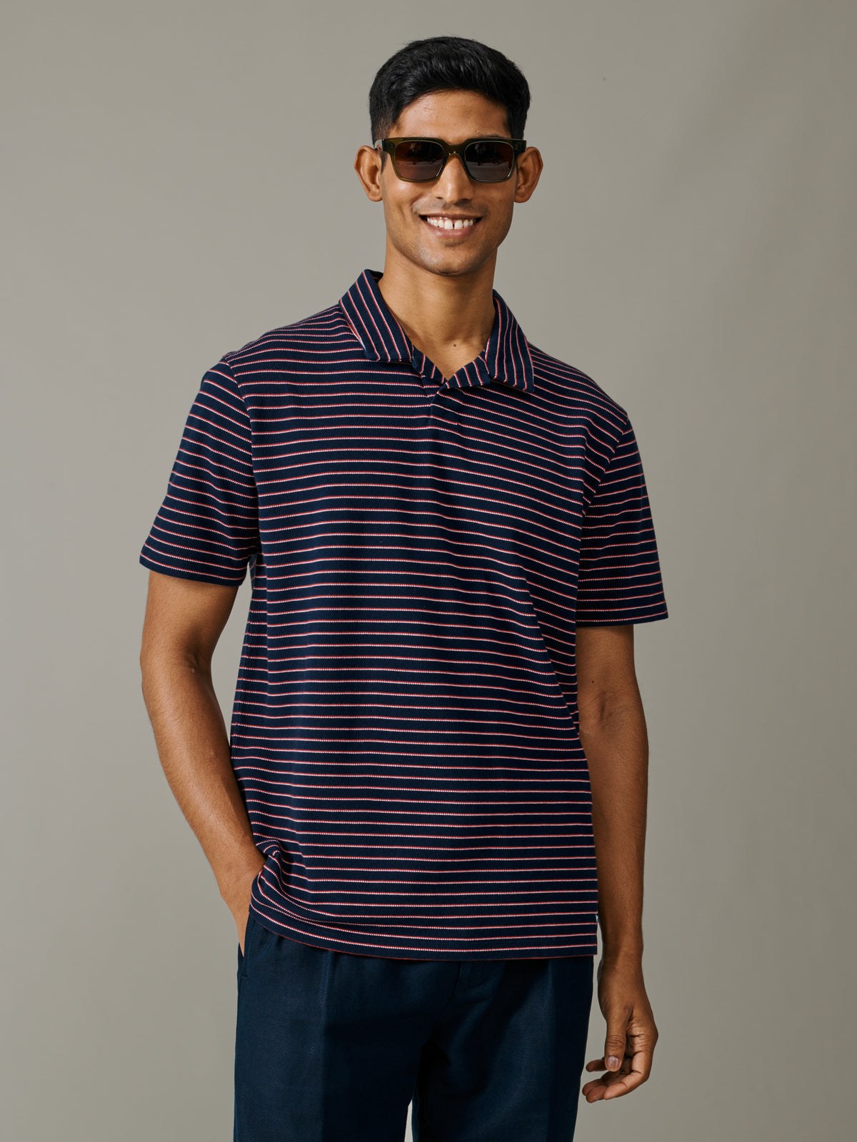 Aubin Navy Stripe Baysdale Open Collar Polo | Polo Shirts