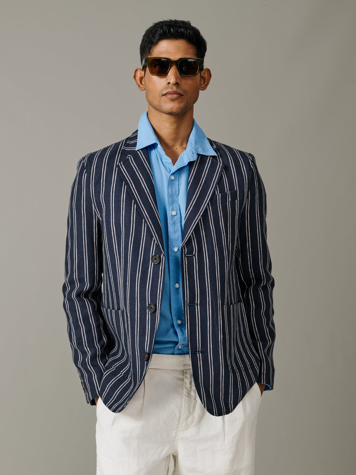 Aubin Navy/Ecru Stripe Belvedere Relaxed Linen Jacket | Linen Jacket