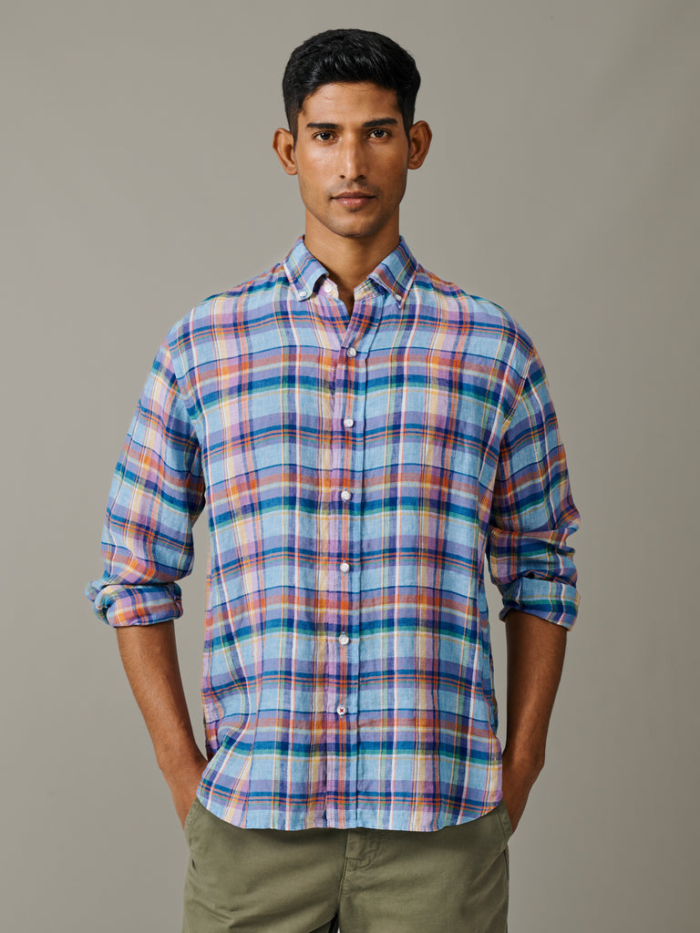 Bright Blue Croyland Madras Linen Shirt | Aubin