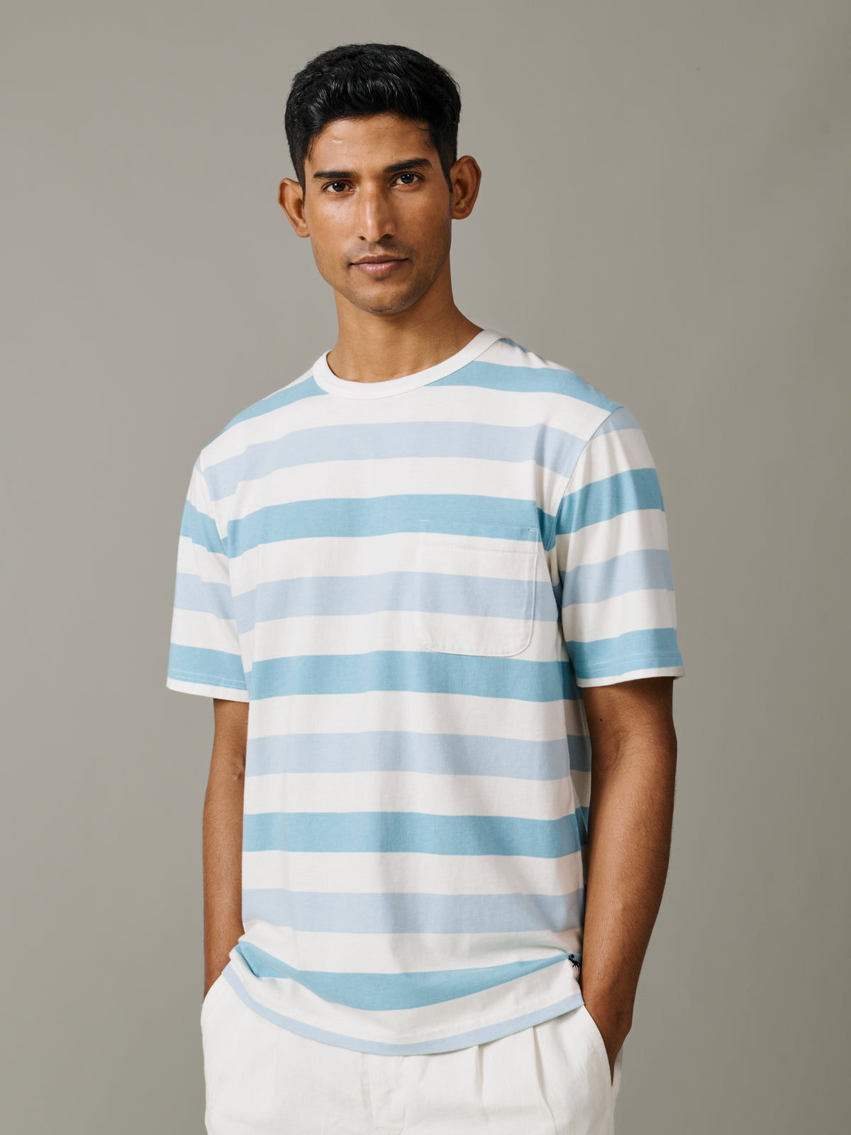 Aubin Teal/Ecru Stripe Danton Relaxed T-Shirt | T-Shirt