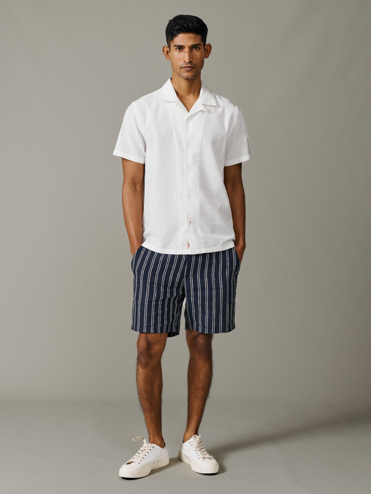 Aubin Navy/Ecru Stripe Elwis Linen Stripe Flat Front Short | Linen Shorts