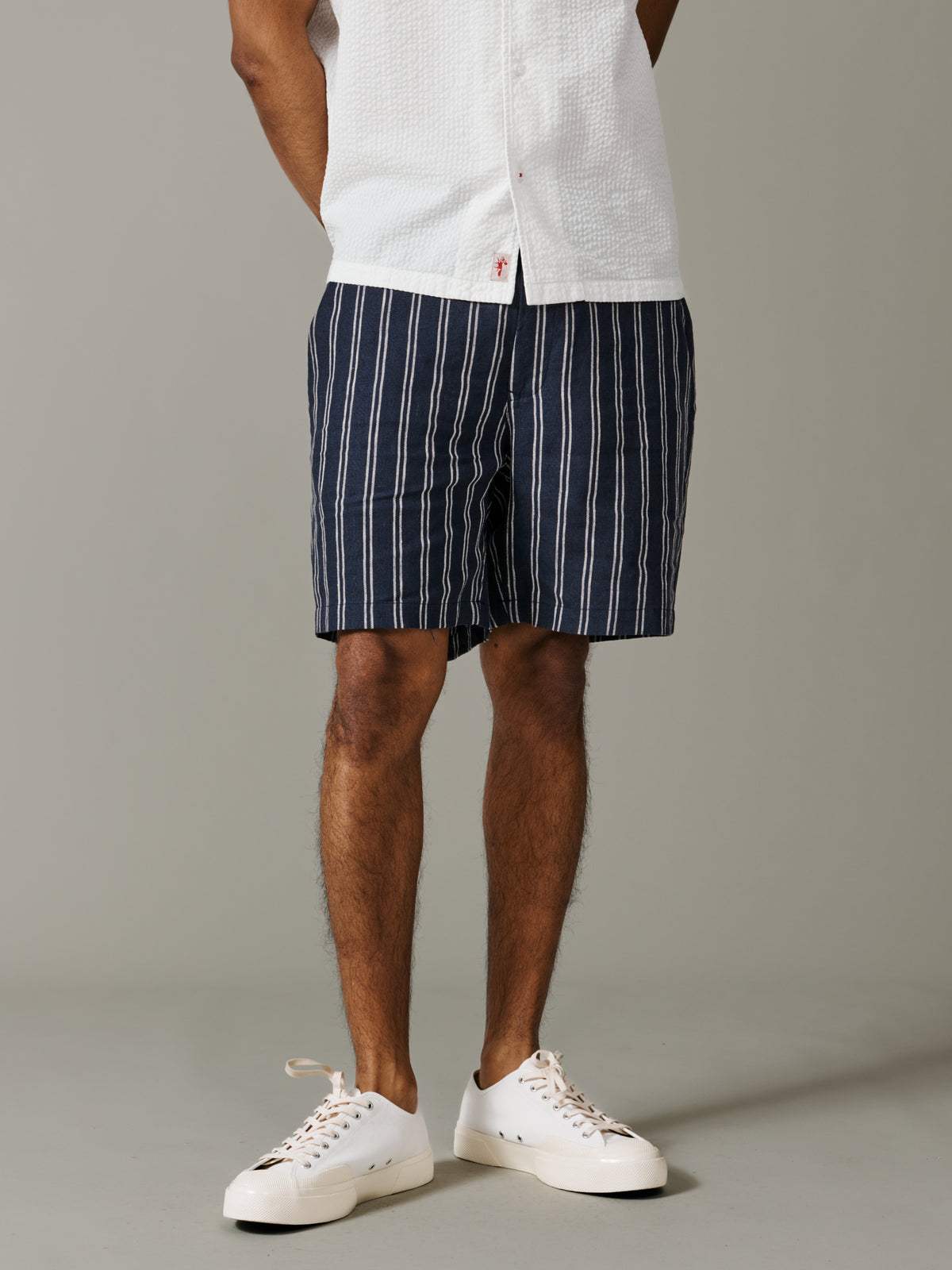 Aubin Navy/Ecru Stripe Elwis Linen Stripe Flat Front Short | Linen Shorts