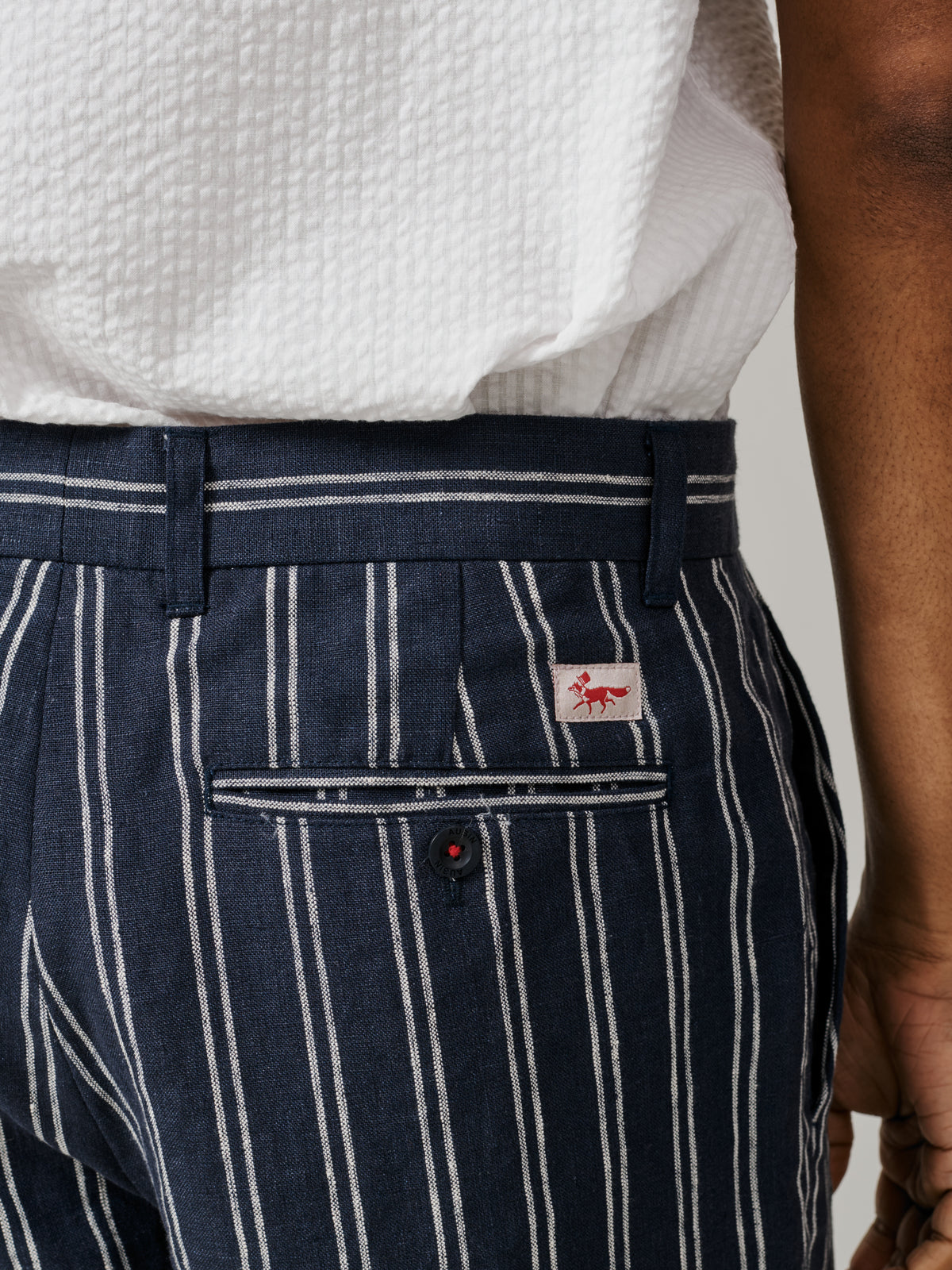 Aubin Navy/Ecru Stripe Elwis Linen Stripe Flat Front Short | Linen Shorts