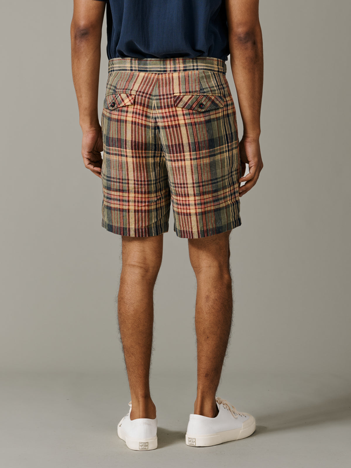 Aubin Green Check Lind Double Pleat Linen Short | Linen Shorts