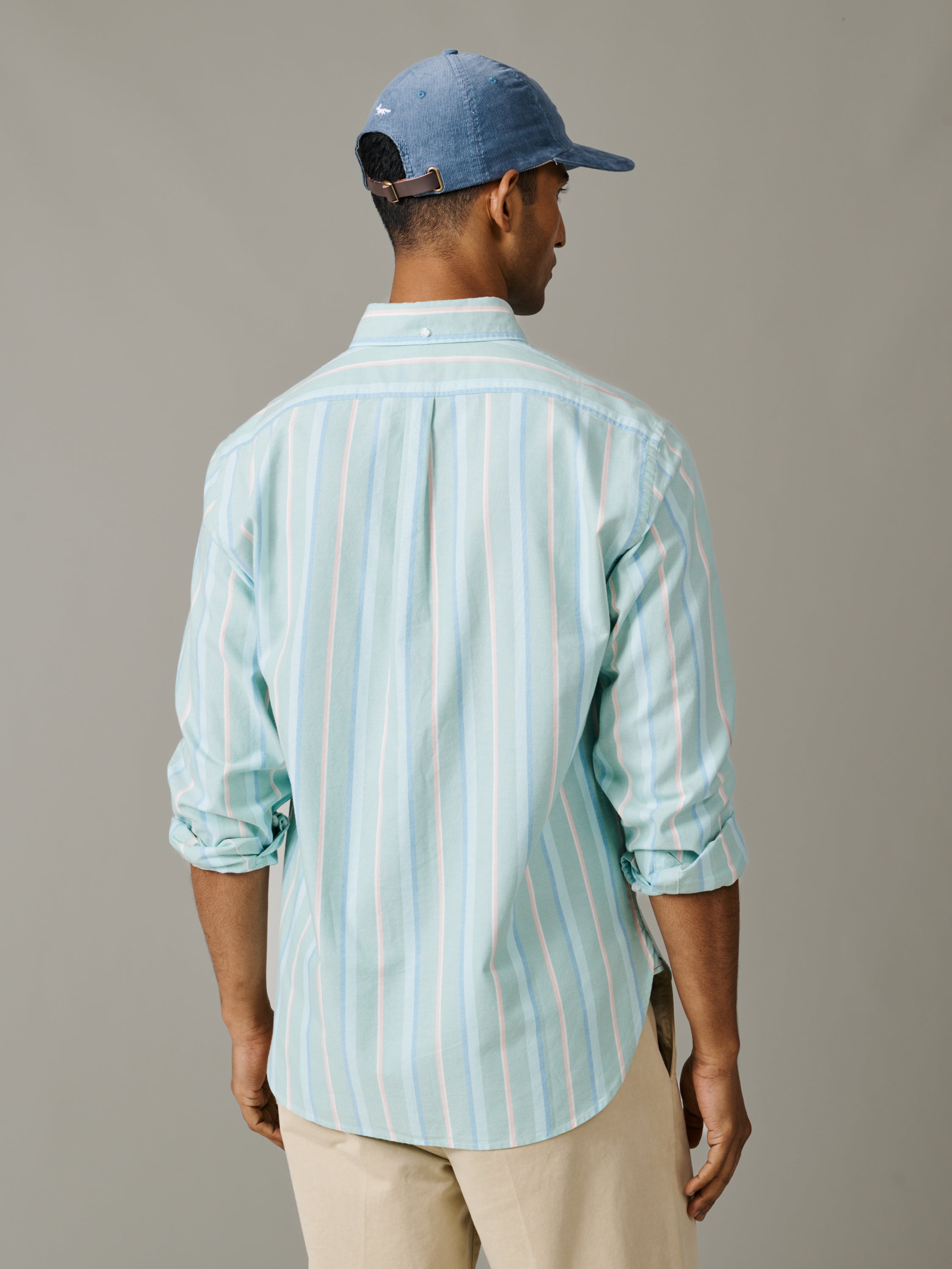 Video of Aubin Walesby Lightweight Relaxed Oxford Shirt in Green Stripe
