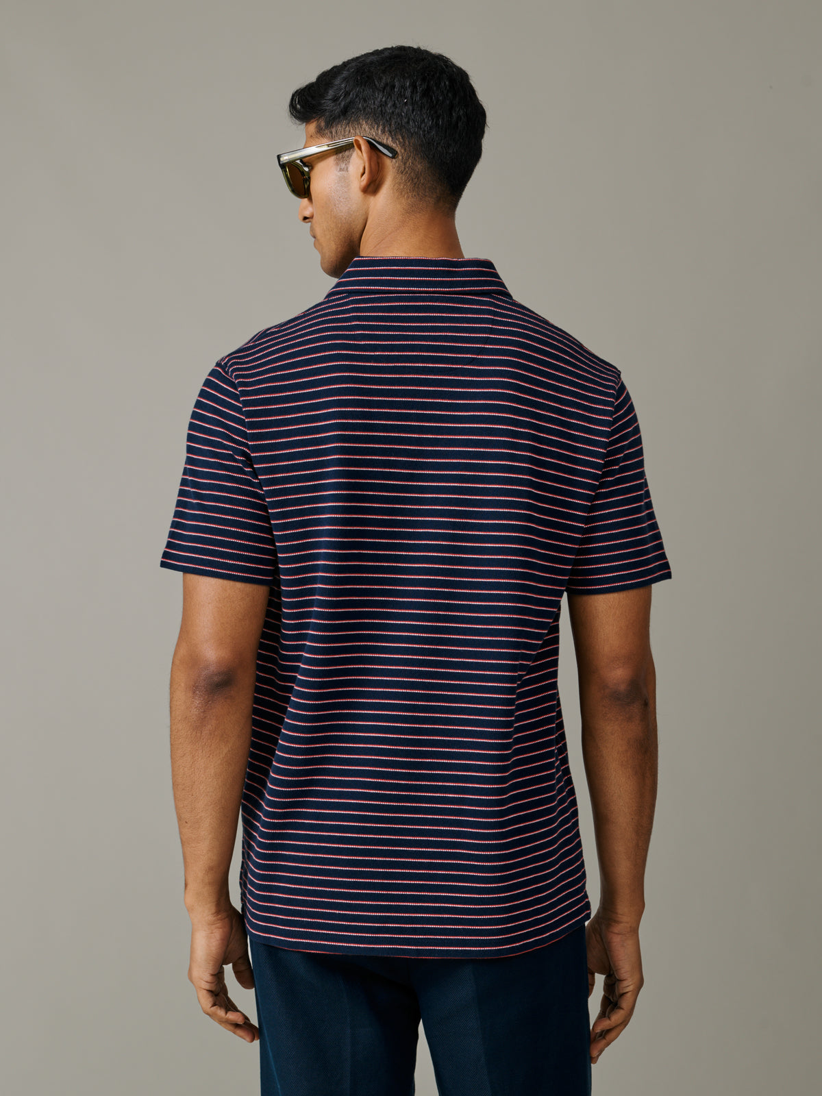 Video of Aubin Baysdale Open Collar Polo in Navy Stripe