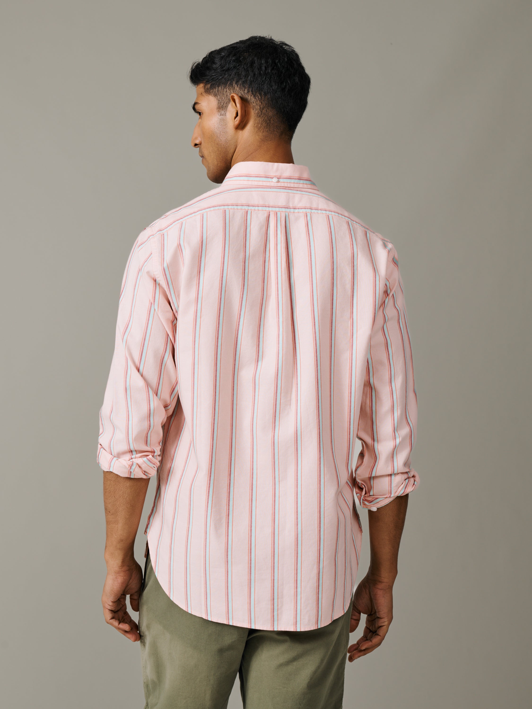 Video of Aubin Walesby Lightweight Relaxed Oxford Shirt in Coral Stripe