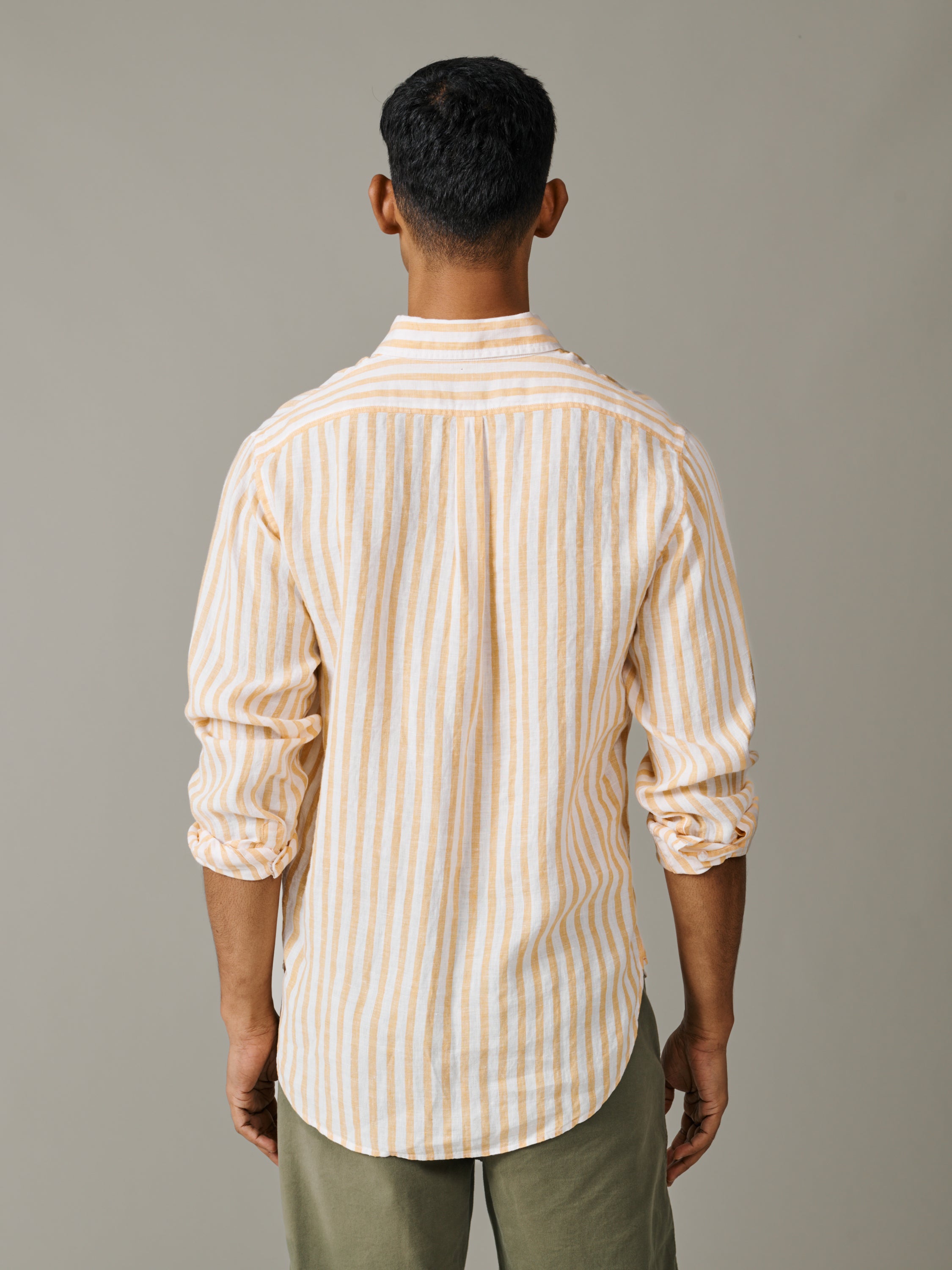 Video of Aubin Worlaby Linen Shirt in Yellow Stripe