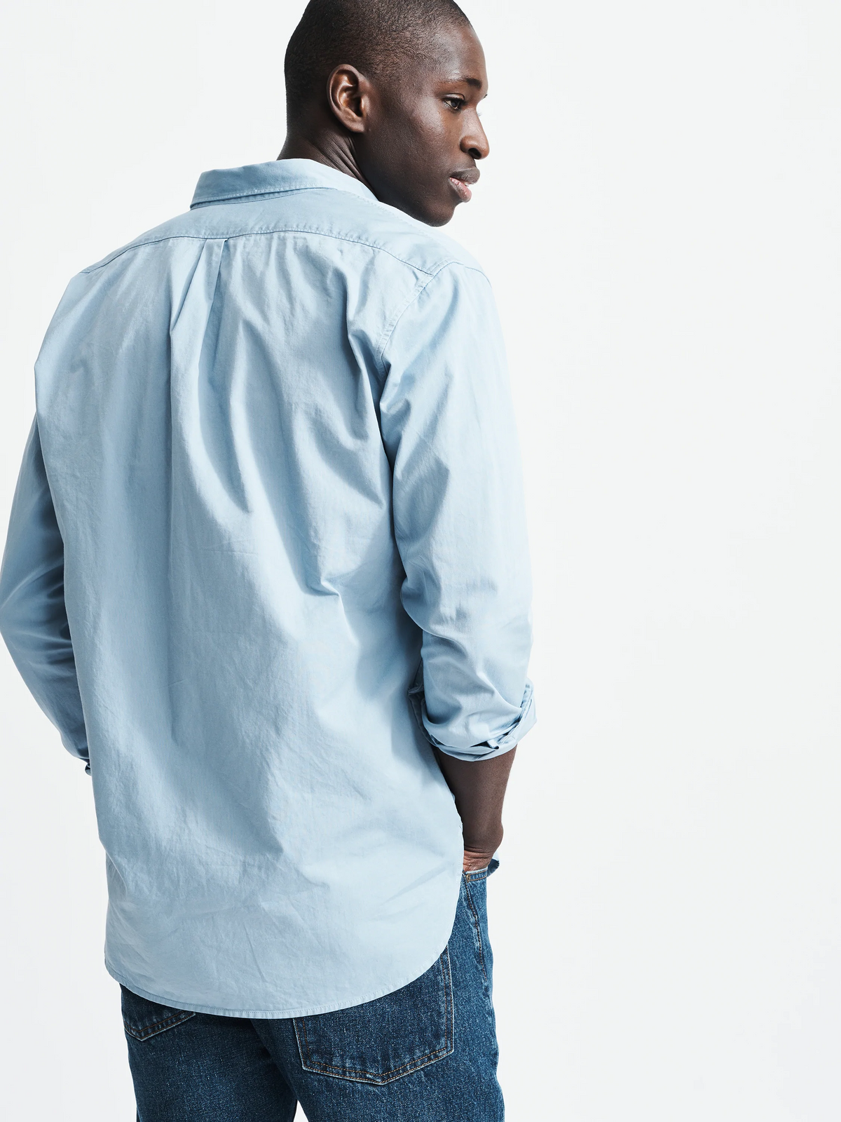 Aubin Hessle Shirt in Washed Blue, on model, back