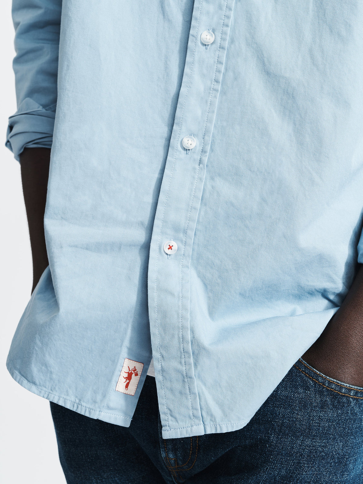 Aubin Hessle Shirt in Washed Blue, detail on model
