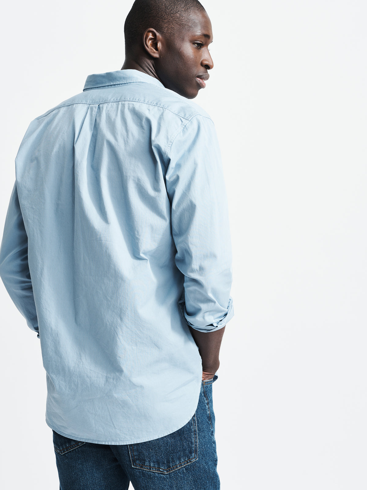 Aubin Hessle Shirt in Washed Blue, on model, back