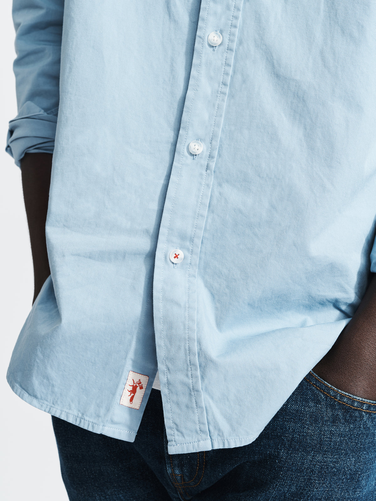 Aubin Hessle Shirt in Washed Blue, detail on model